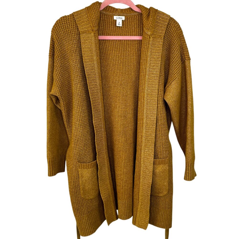 L.L. Bean Golden yellow and white heavy knit long cardigan with hood Size Medium